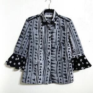 Studio 189 Womens Hand-Batik Cotton Ruffle Cuff Shirt Sz Medium Gray Black Print